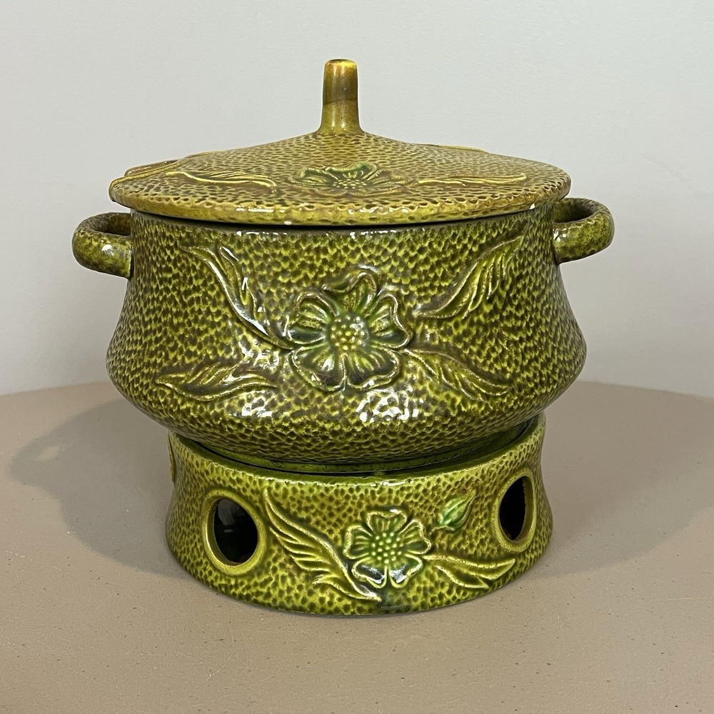 Royal Sealy Japan Green Ceramic Chafing Dish Fondue Tureen w Lid Pot & Base Vtg